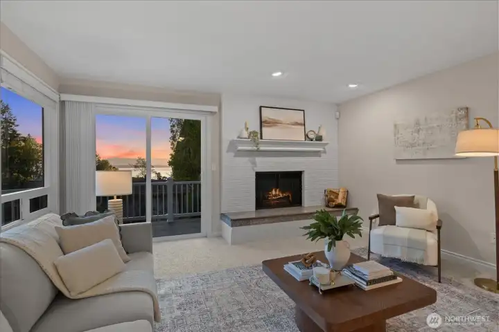 The open concept living area features a fireplace &  natural light pouring in from multiple sliding glass doors, which open onto a large wrap-around deck offering breathtaking water and Olympic mountain views.