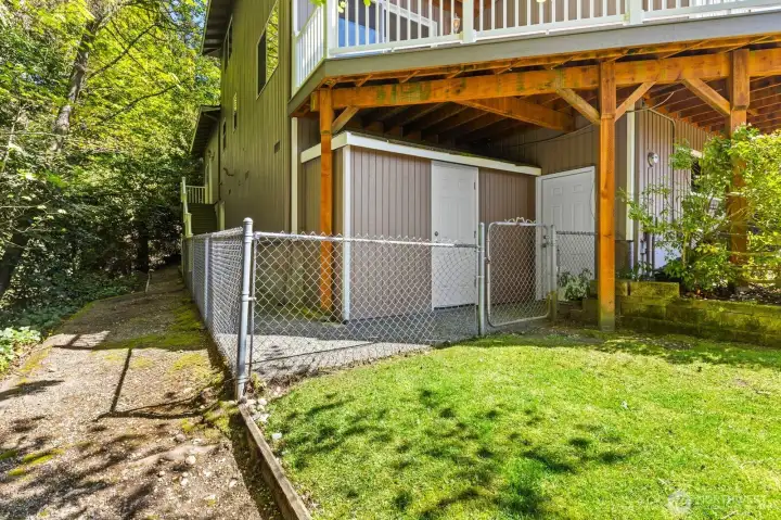 Basement storage for yard tools and more.