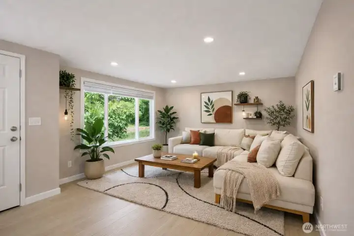 Your first living space is open to the completely remodeled kitchen and second living/dining space. *Photo is virtually staged*