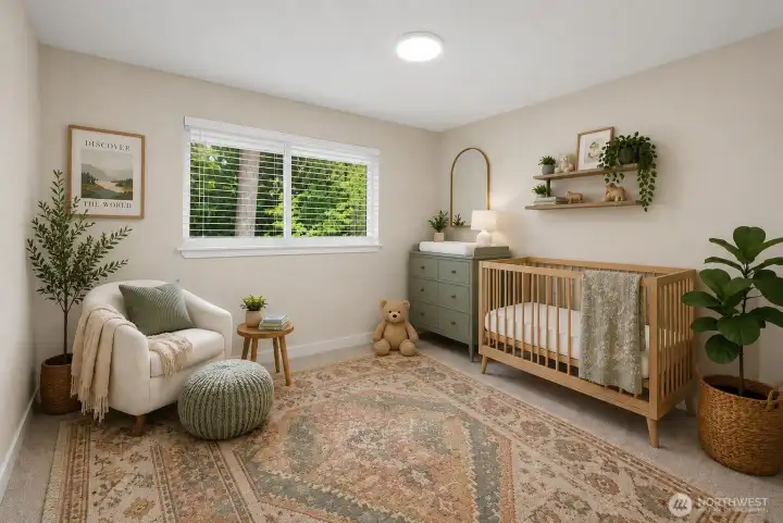 Bedroom 1 of 4 lies down hallway across from guest bathroom with tranquil views of your backyard. Newer carpeting and new lighting. *Photo is virtually staged*