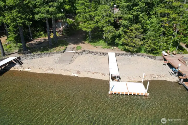 Docks and low-bank beach area.