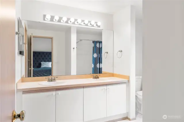 OVERSIZED VANITY OF PRIMARY BATHROOM WITH LOTS OF LIGHT