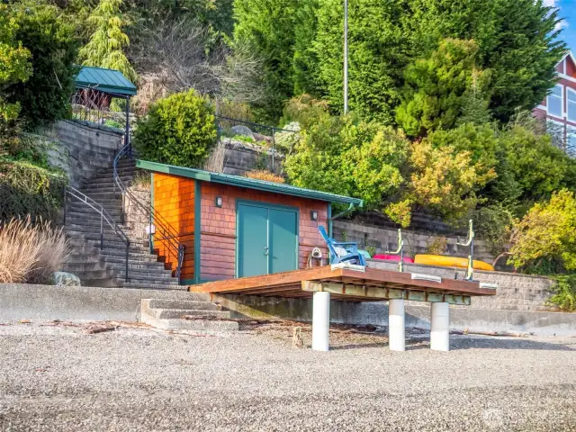 The boathouse on the deck at water's edge has plenty of storage for all your water toys.  Launch your kayaks and paddleboards from here.  Adventure awaits!