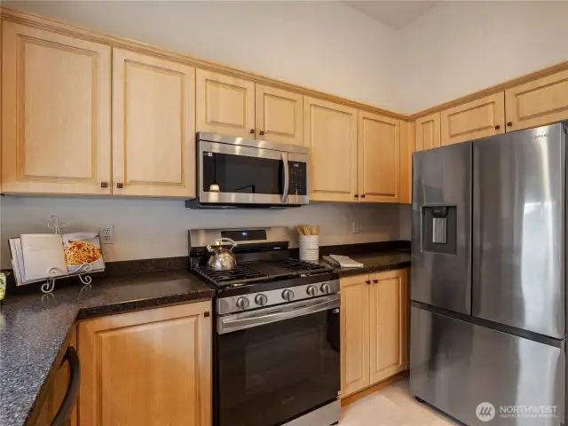 This kitchen has beautiful dark quartz countertops and brand-new flooring.