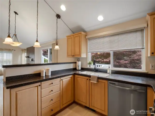 The kitchen is open to both the dining room and the living room.