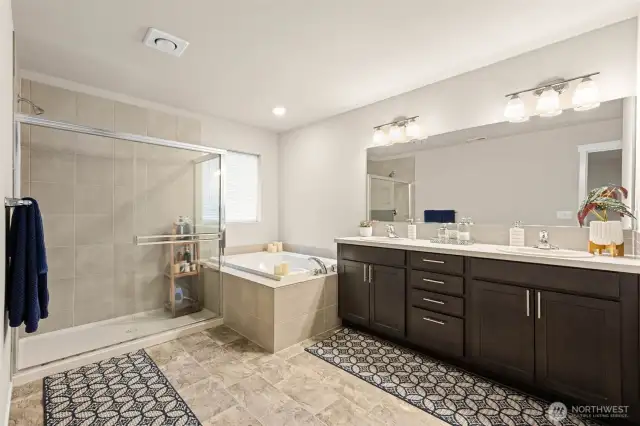 Indulge in the spa-inspired primary bathroom featuring a walk-in shower, relaxing soaking tub, dual-sink vanity, and elegant finishes designed for comfort and style.  Spacious walk in closet access to side.