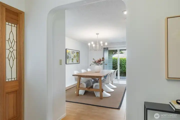 Elegant dining with new chandelier