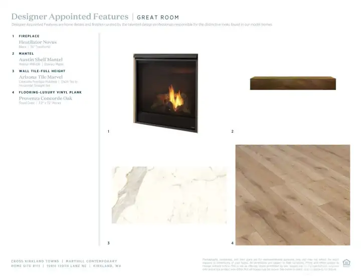 Designer Appointed Features used to illustrate the Designer selections for Homesite 111 at Cross Kirkland Towns. Home is currently under construction. Visit Sales Center for full details.