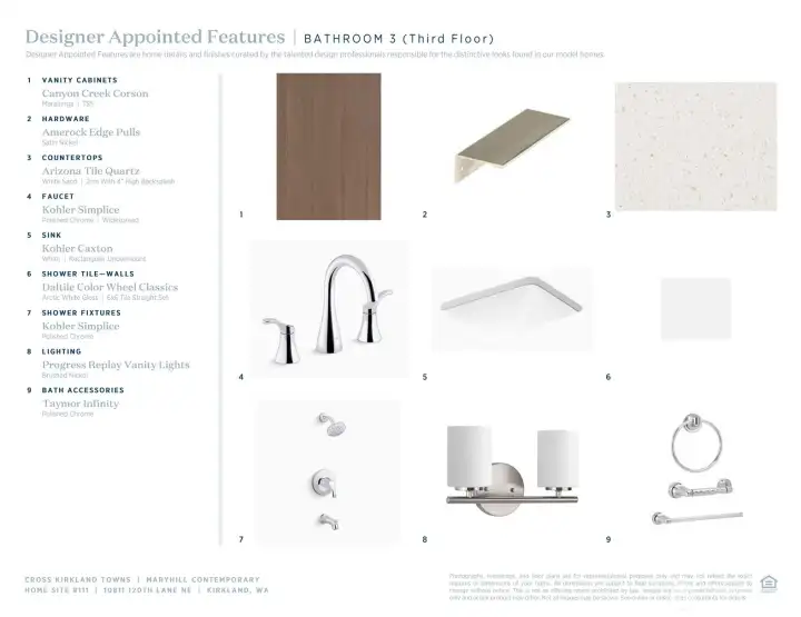 Designer Appointed Features used to illustrate the Designer selections for Homesite 111 at Cross Kirkland Towns. Home is currently under construction. Visit Sales Center for full details.