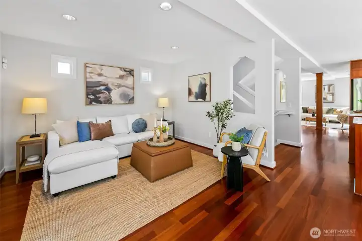 2nd main floor informal living room off the kitchen and dining with direct access to the incredible backyard patio garden.