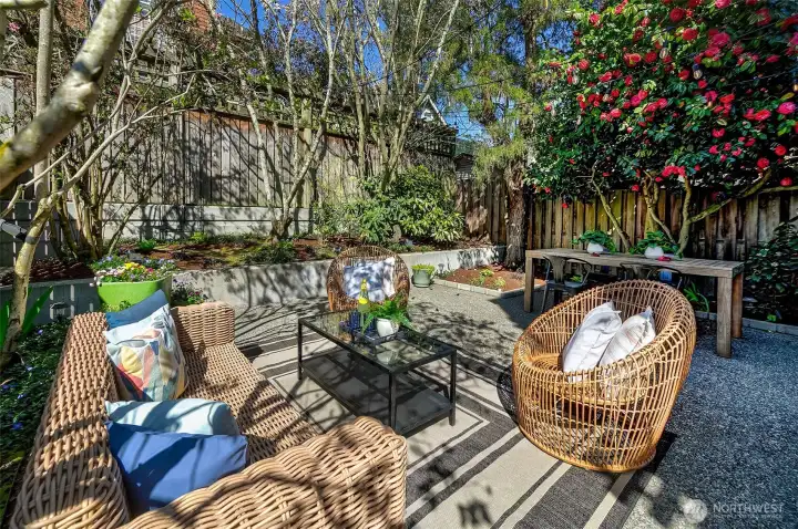 Awesome patio is private, low maintenance,   fully fenced, beautiful and spacious.