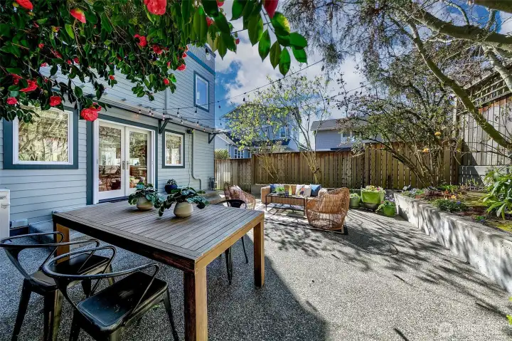 Awesome patio is private, low maintenance,   fully fenced, beautiful and spacious.