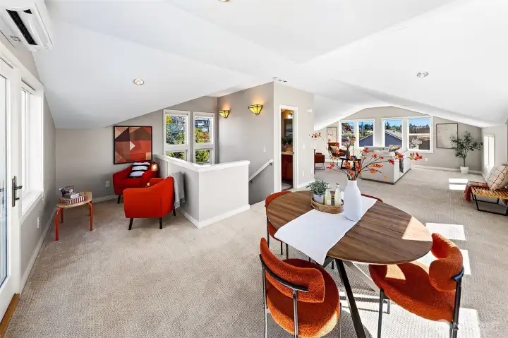 Upstairs bonus room is better than a basement! Easily create a 2nd primary suite up here or just enjoy as the fabulous view rec room it is. Gas fireplace, wet bar, half bathroom (can add a shower or a tub) & big view deck too.