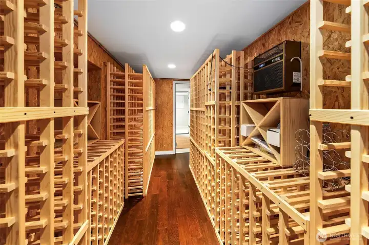 Wine cellar includes heat pump for climate control & extensive custom storage rack system.  There's a window that can be exposed if preferred, could become a small bedroom or office with a window.