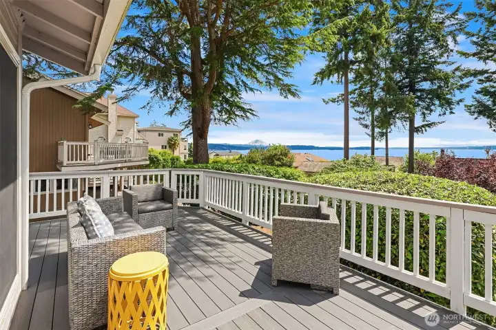 Gorgeous views of Lake Washington, Mt Rainier and the Seattle and Bellevue skylines from the expansive, south-facing deck