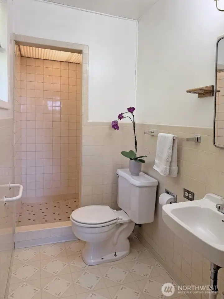 Original tile, sink and vanity mirror in the primary bathroom. A great opportunity to create a primary bathroom you would love.