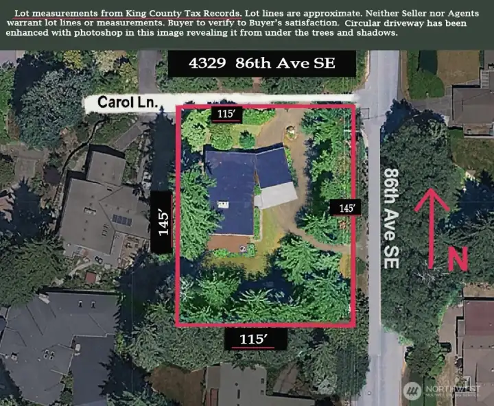 An overview of the lot size and location. The photo has been edited to better show the circular driveway. If you prefer to have a garage, there is space to build one. Or you could enclose the carport to easily make a secure parking area.