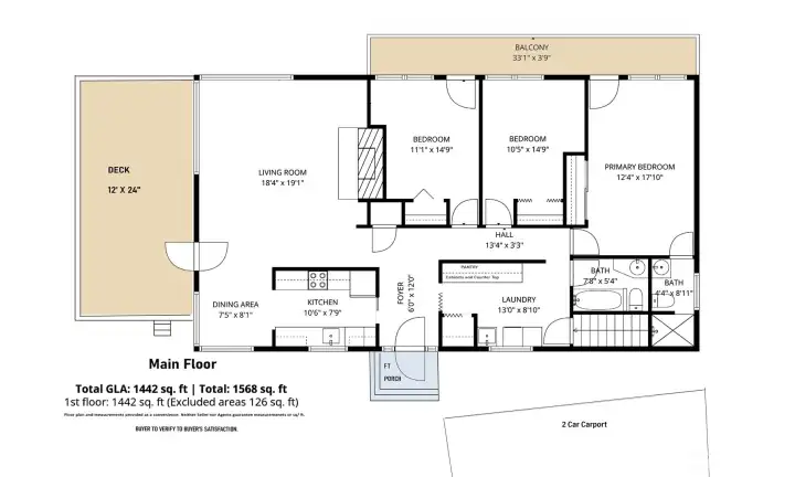 The main floor plan. I added lines to show the approximate location of the 2 car carport.