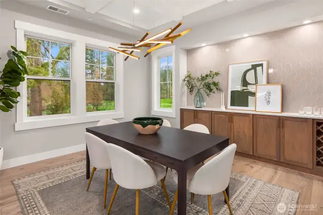 Dining room features built in cabinets