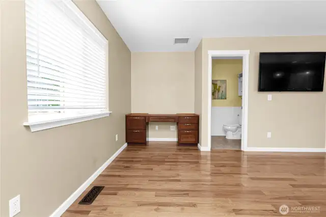 Built in desk and powder room off family room
