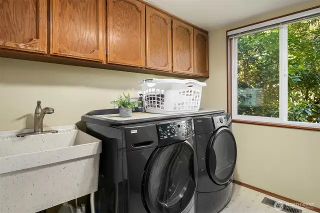 The laundry room is on the lower level. The washer & dryer will stay.