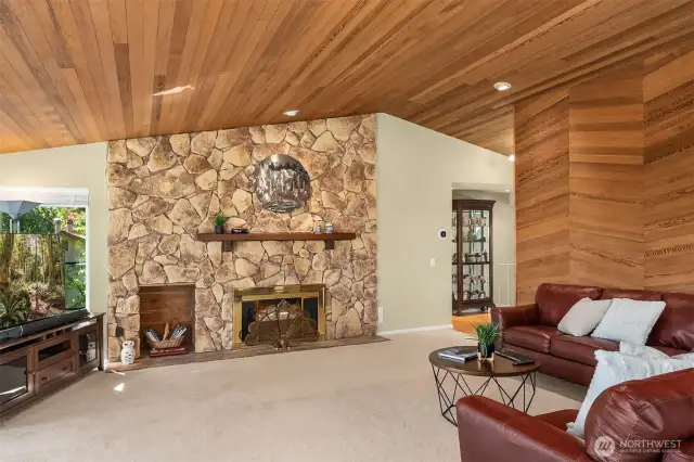 The wood and stone accents complement this well-maintained home.
