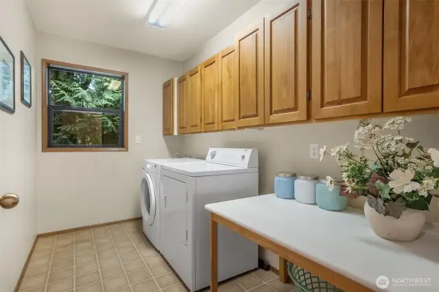 A dedicated laundry room with built-in cabinetry, a utility sink, and folding space adds practical ease to everyday life, all conveniently located on the main level.