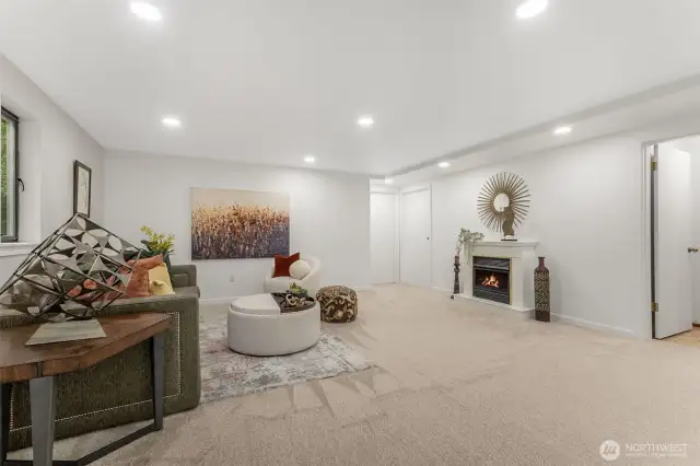 Gas fireplace on lower level in the family room. From this area, you have one door leading to the work shop area, and another leading to the unfinished part of the basement.