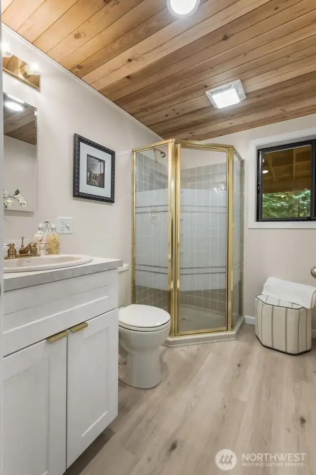 Just finished the remodel on this lower level bathroom, so new shower, floor, ceiling, cabinet, all!