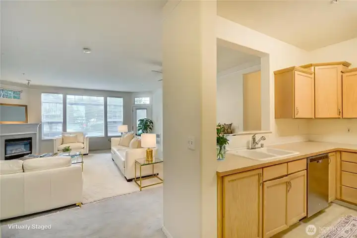 Kitchen looks out to Diining Area & Living Rm