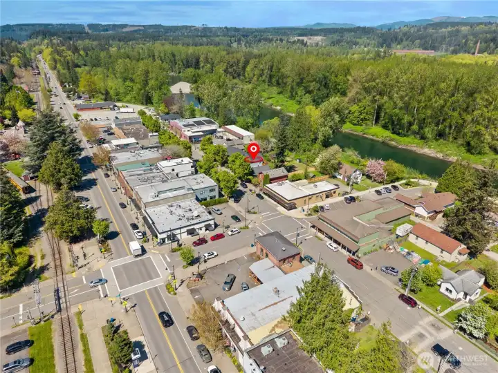 Aerial of Commercial City Center of Downtown Snoqualmie