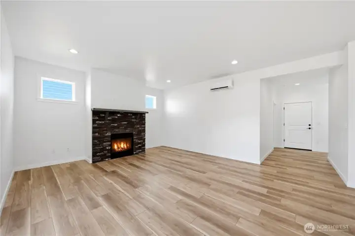 Living room with handcrafted masonry fireplace