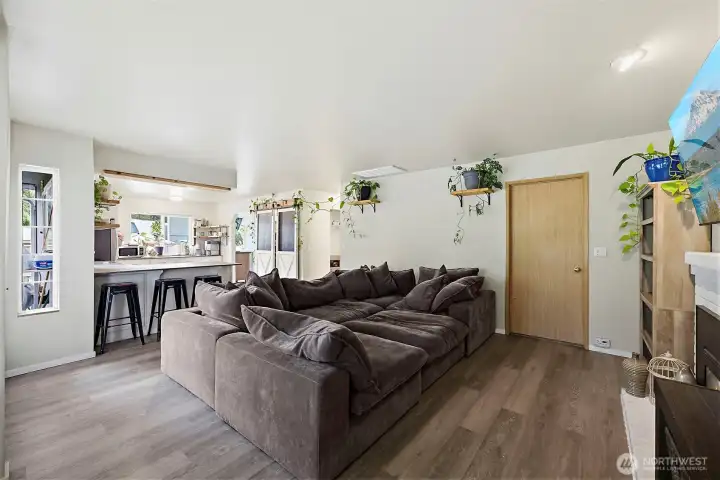Off the family room is the garage.