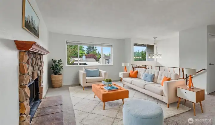 Sun-lit living room. Virtually staged. Sun-lit living room. Virtually staged.
