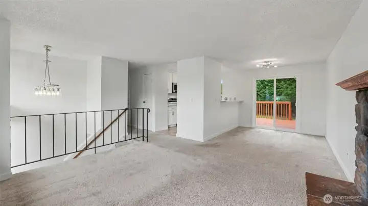 Large living room flows effortlessly to the dining room. Large living room flows effortlessly to the dining room.