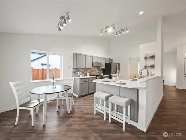 Bar and table seating for conversation.