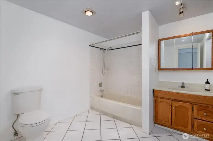 Full bathroom with plenty of room for more storage options.