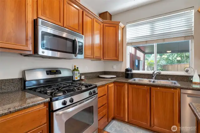 Bright kitchen overlooking the backyard