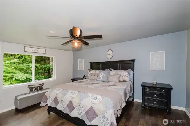 Primary suite with walk in closet, ceiling fan and ductless HP with A/C for the perfect temperature.