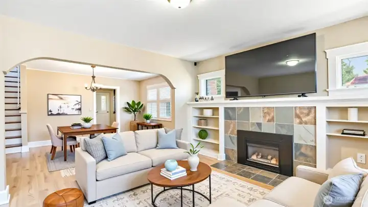 Open concept living room and dining area. [ Virtually Staged for Design Inspiration ]