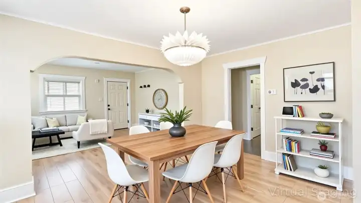 Open concept dining area + and access to upper floor. [ Virtually Staged for Design Inspiration ]