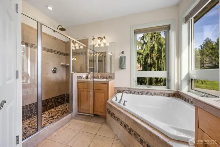 Primary 5-piece bath with soaking tub and separate water closet