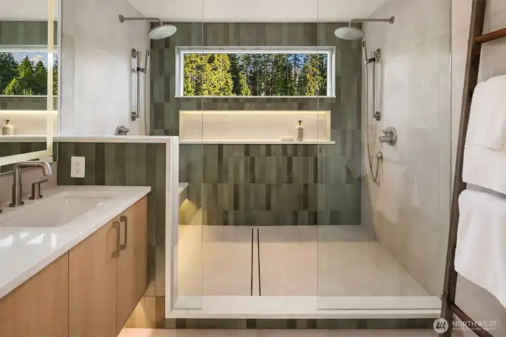Primary Bathroom Suite w/ radiant heat floors and Bedrozian tile double  shower