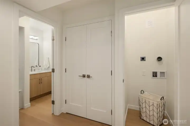 ADU laundry closet on right side, left is private bathroom, middle is storage closet.