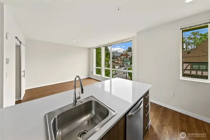 Looking out from the kitchen to the living spaces. Looking out from the kitchen to the living spaces.