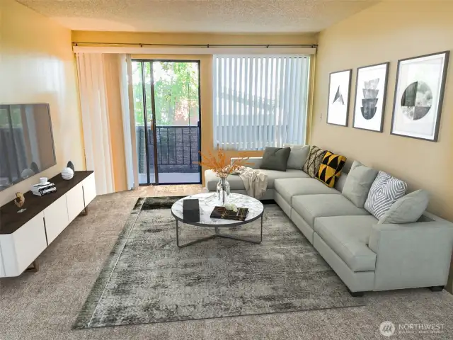 Living room looking out to deck and patio