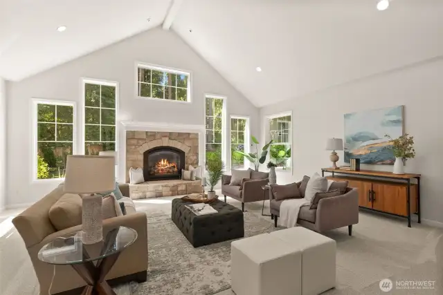 A grand entryway leads into a vaulted living room, surrounded by windows and bathed in natural light.