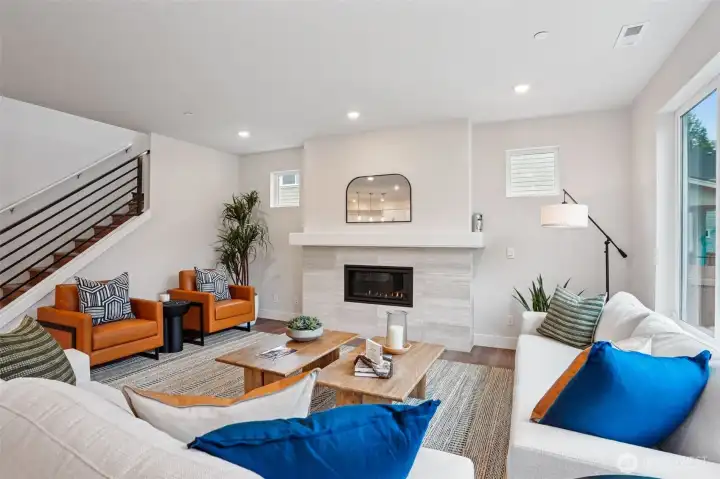 incredible great room, large windows & w/gas fireplace
