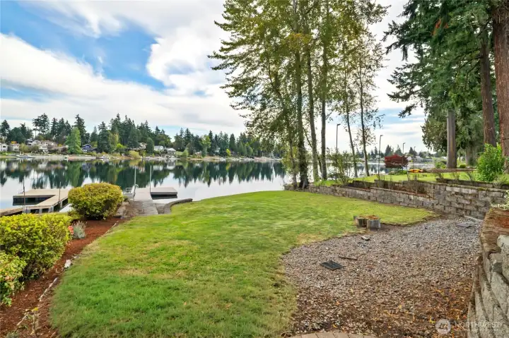 Lovely no bank lakefront with grassy and gravel shore