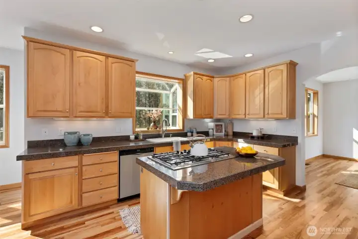 Bright and sun-filled kitchen with generous countertop space for cooking and entertaining.